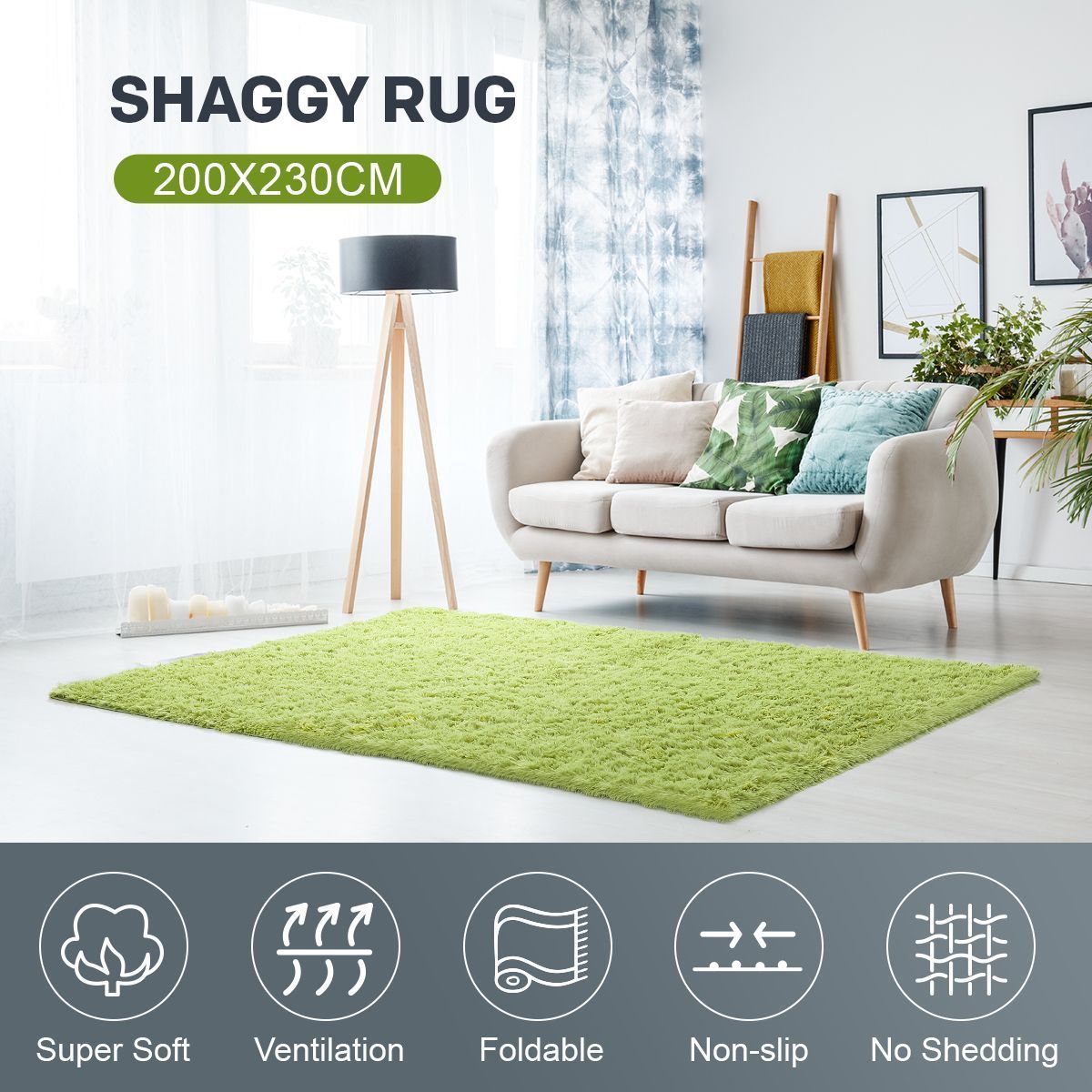 200x230cm Fluffy Shaggy Area Rug Large Green Carpet Home Bedroom Anti-Slip Floor Mat