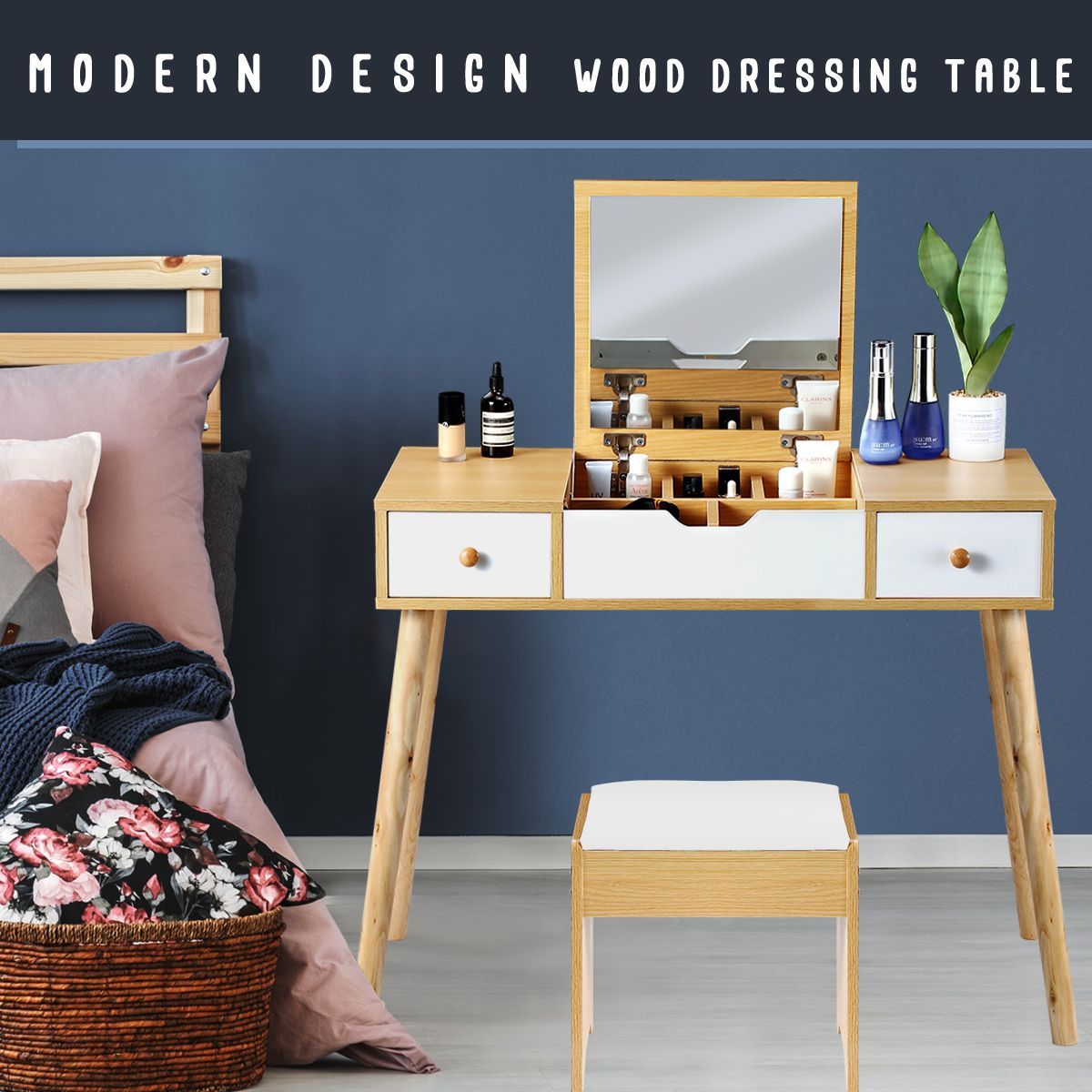 Dressing Table Stool Combo w/ Flip Top Mirror Hidden Storage