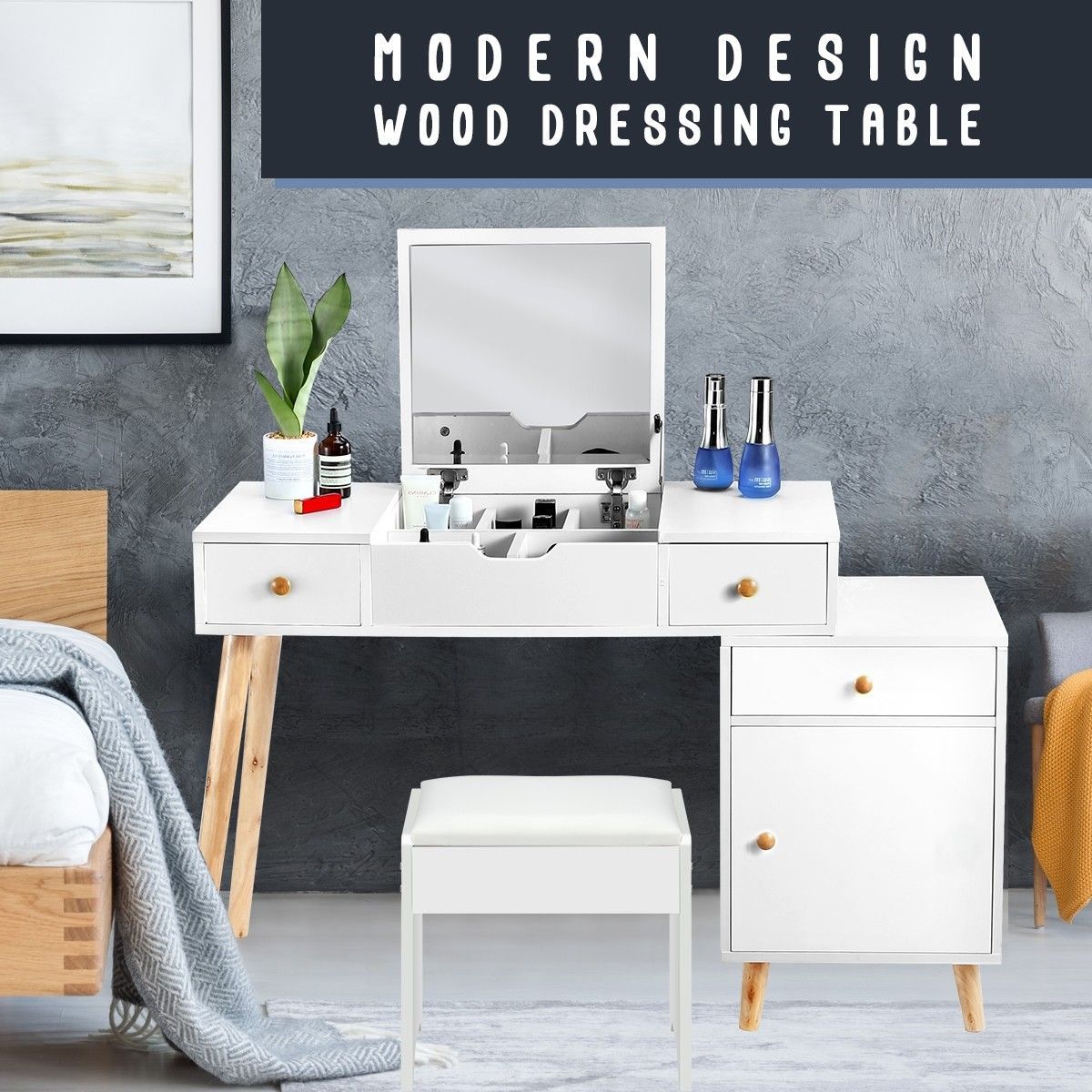 Wooden Makeup Table w/ Flip Top Lid Mirror Cabinet Stool