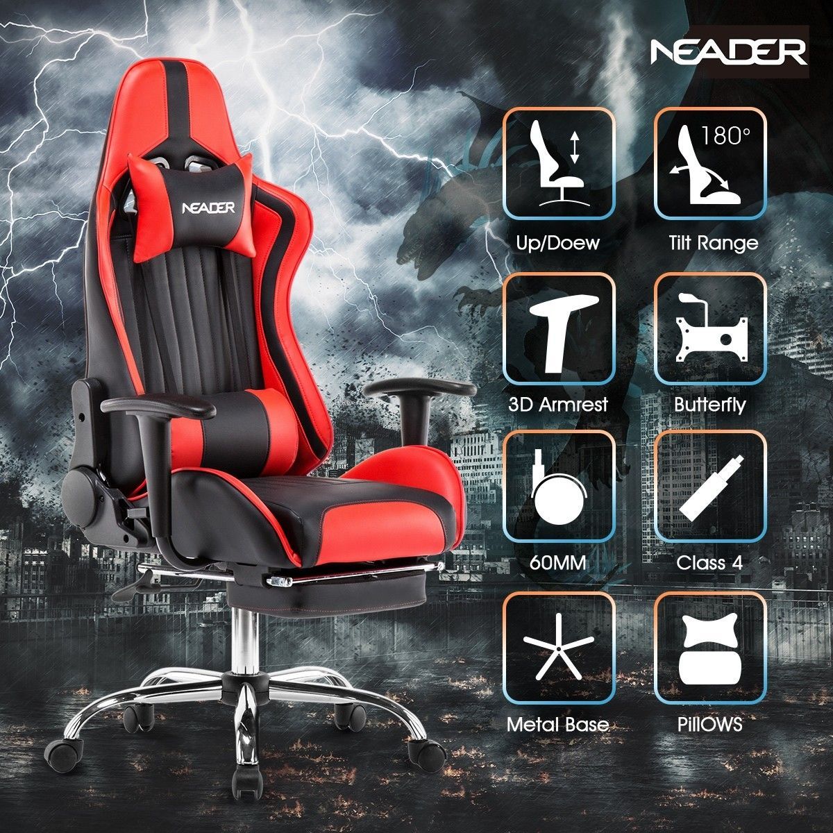 Ergonomic High Back Leather Office Chair Desk Gaming Chair-Red