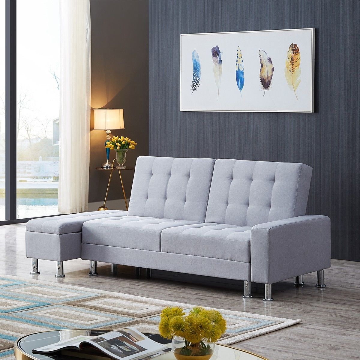 3 Seater Leather Sofa Bed w/ Footstool Hidden Storage-Light Grey