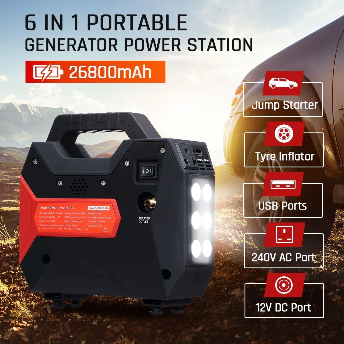 500AMP 26800mAh Power Station Car Jump Starter Tyre Inflator Portable Charging Generator