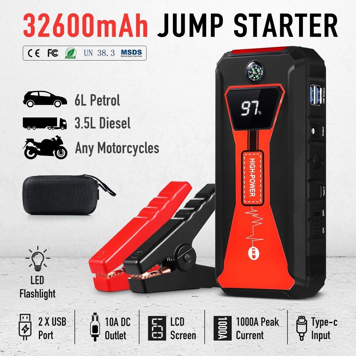 12V Portable Car Jump Starter 1000AMP 32600mAh Battery Charger Power Bank