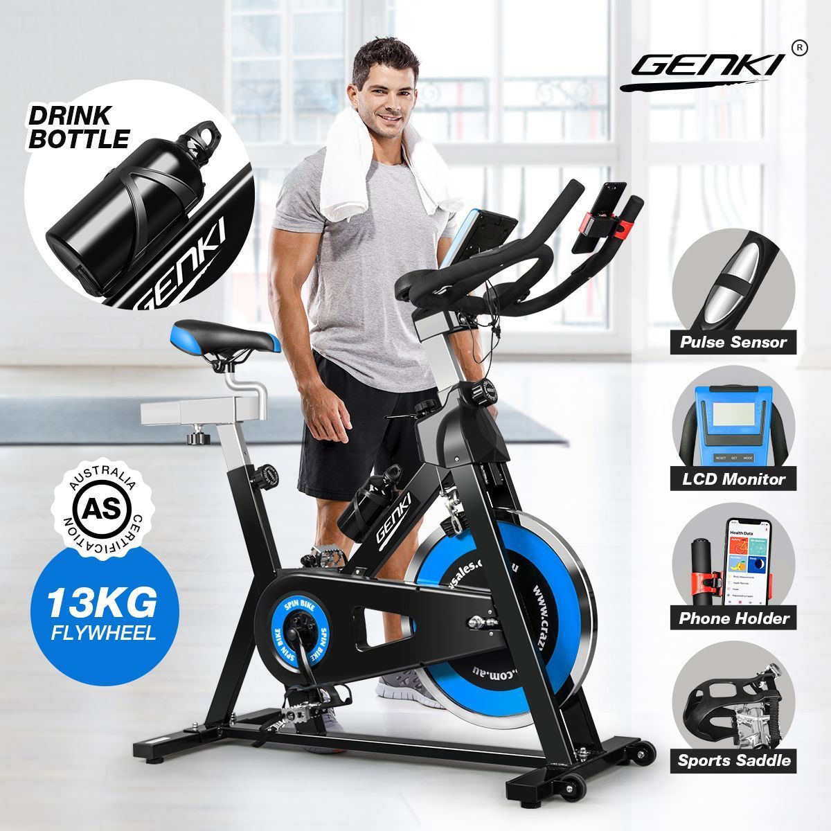 Genki Indoor Spin Bikes Spinning Exercise Bike with Flywheel Blue