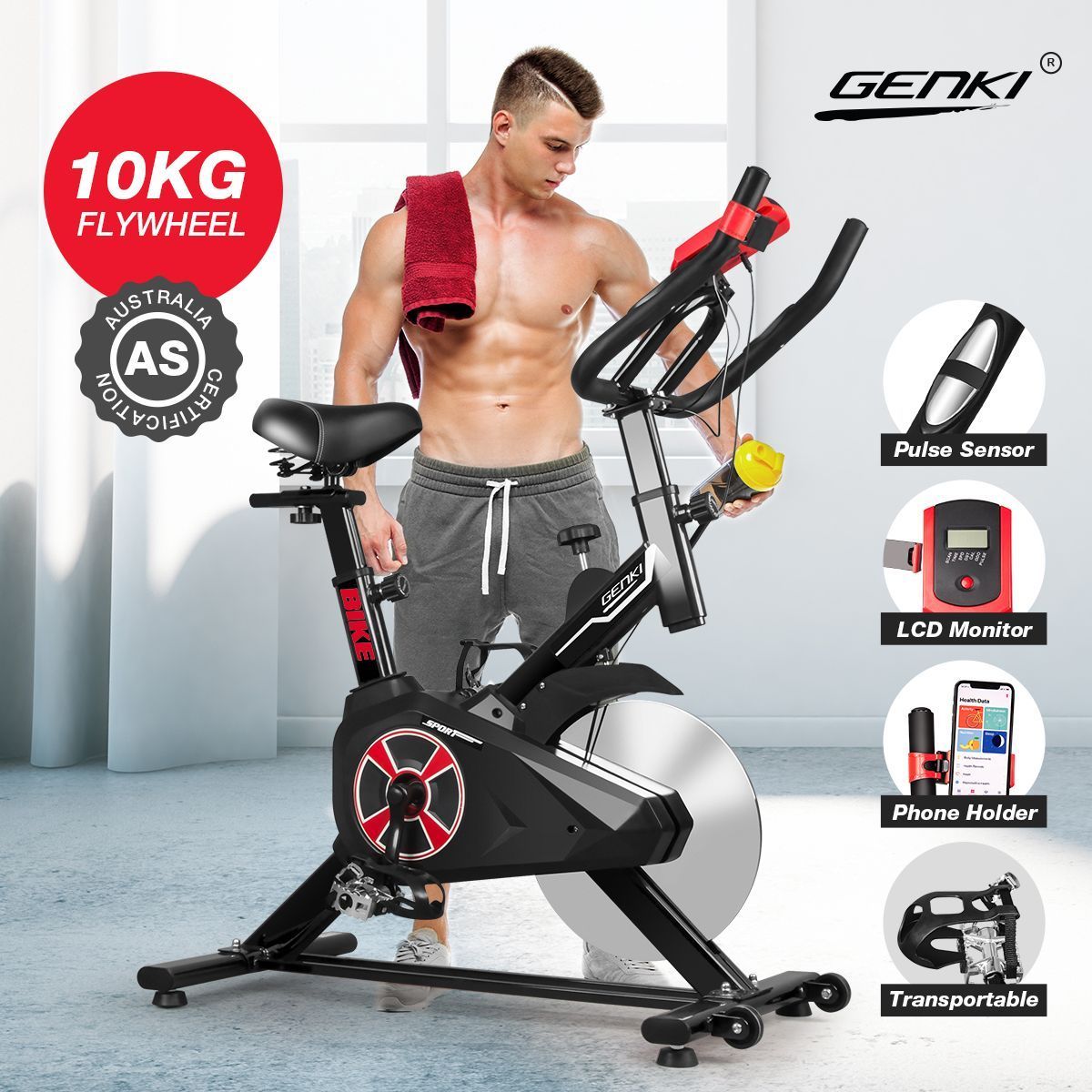 Genki Gym Spin Bike Exercise Cycle Cardio Training Black