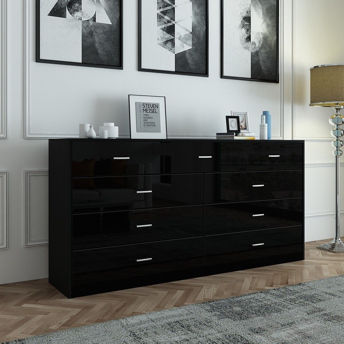 9 Drawer Cabinet Sideboard Bathroom Storage Units Black High Gloss Front