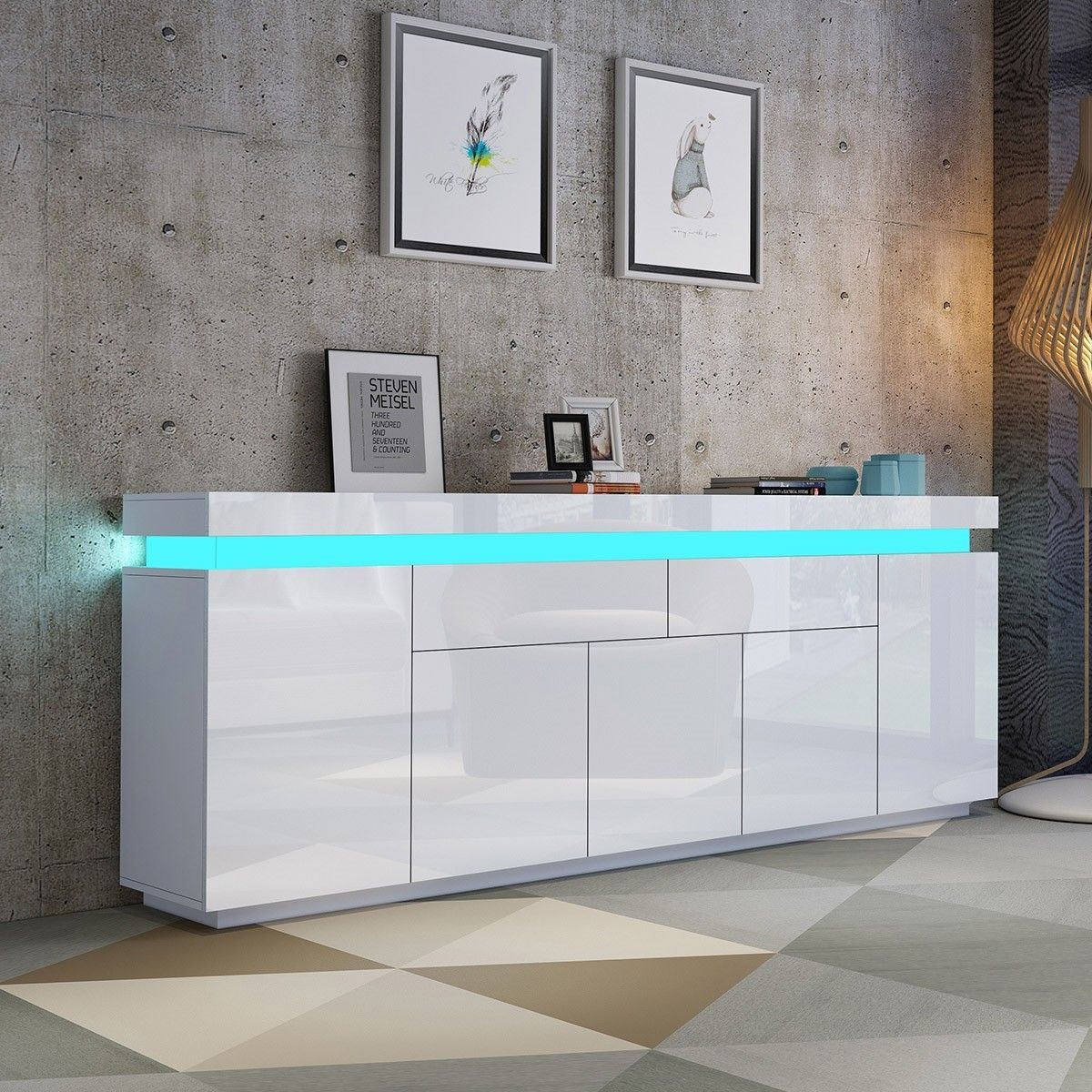 180cm Wood Sideboard Cabinet 5 Doors Storage Buffet Table with RGB LED White
