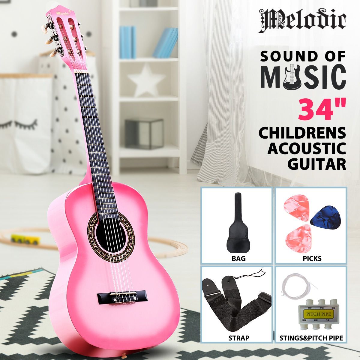Melodic 34'' Kids Acoustic Guitar 6 Strings Tuner Cutaway Wooden Kids Gift Pink