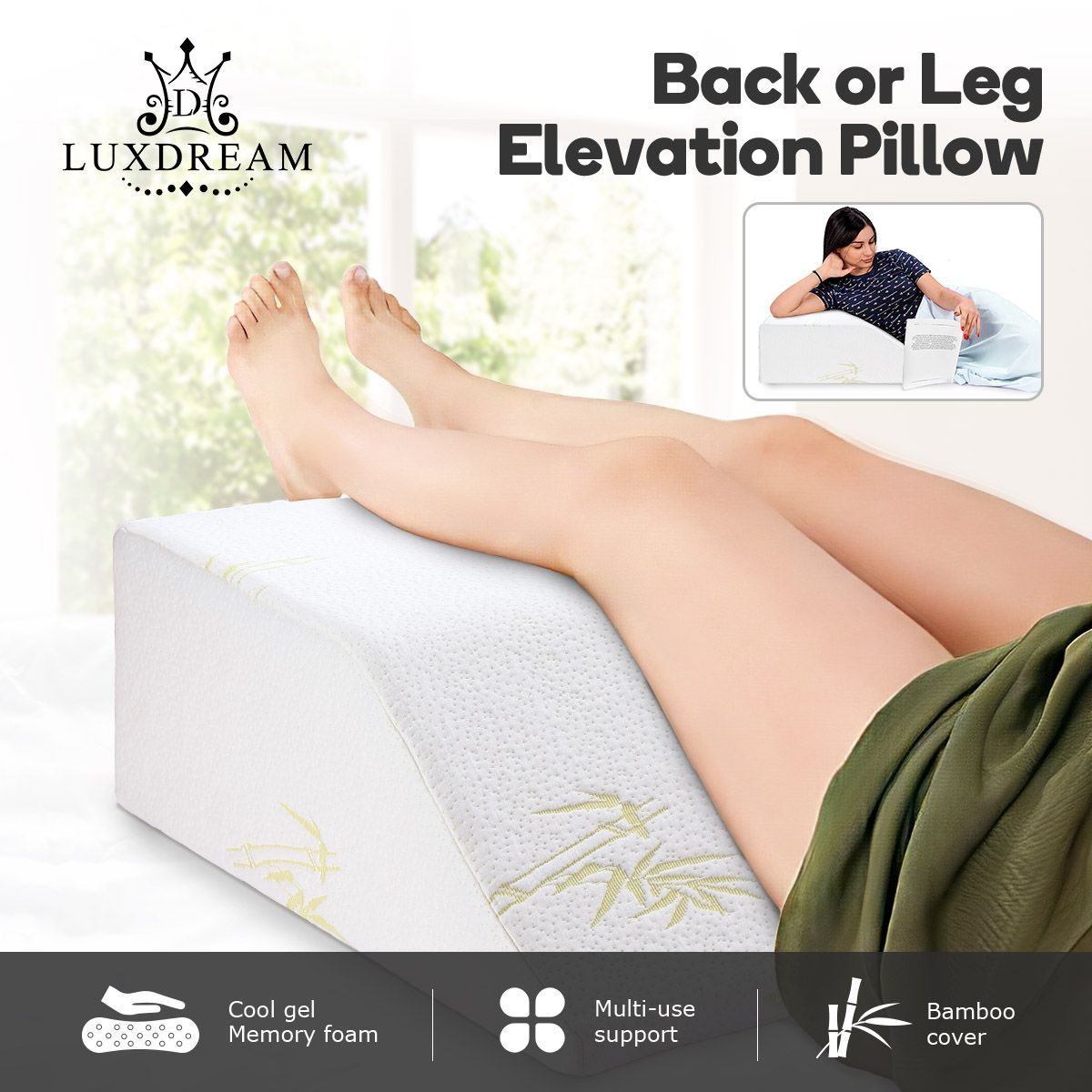 Wedge Pillow Cool Gel Memory Foam Leg Elevation Pillow Back Support Cushion