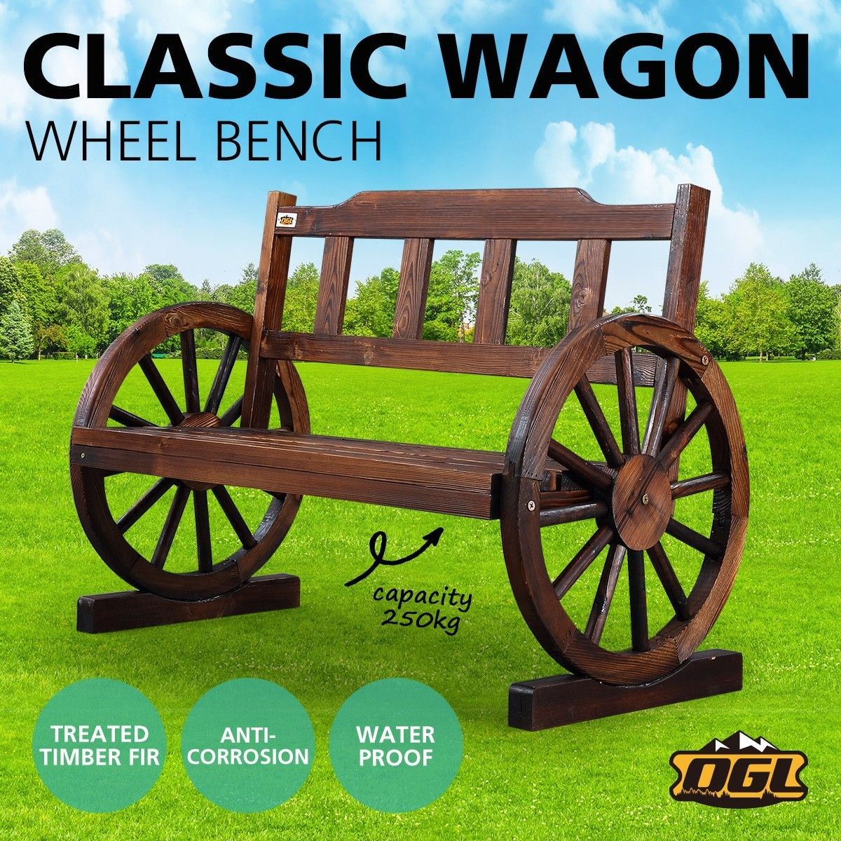 Wooden Garden Bench Outdoor Furniture with Wagon Wheel
