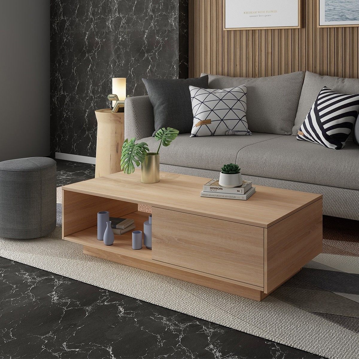 Square Wooden Coffee Table Living Room Furniture 1 Drawer Oak