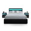 Double PU Leather Gas Lift Storage Bed Frame Wood Bedroom Furniture w/LED Light - Black