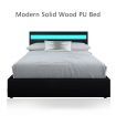 Double PU Leather Gas Lift Storage Bed Frame Wood Bedroom Furniture w/LED Light - Black