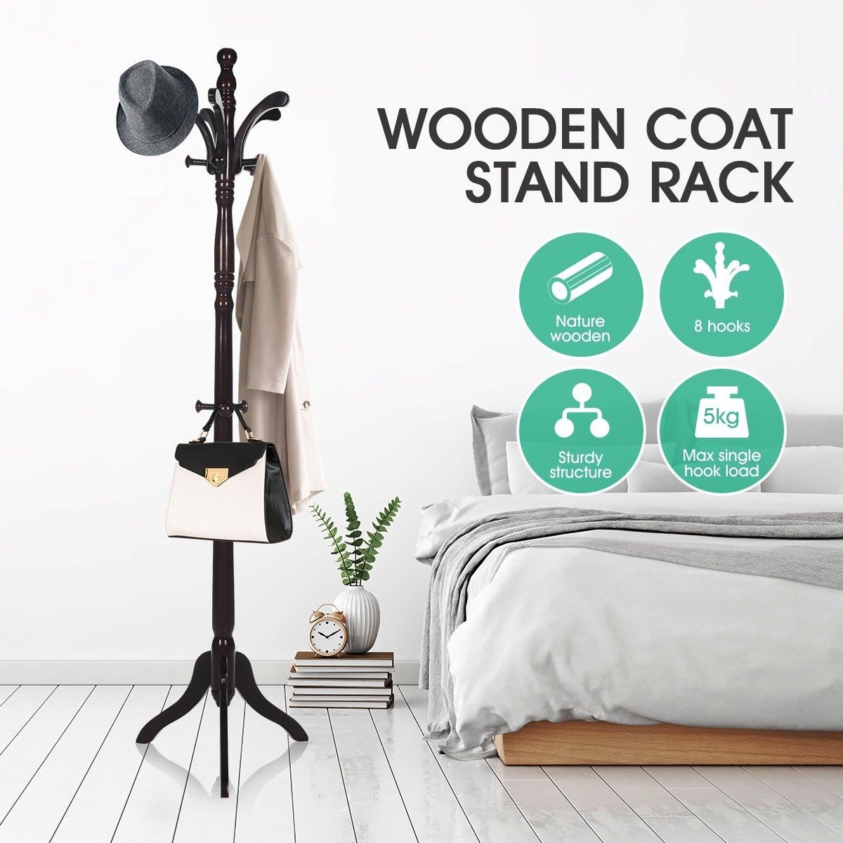 Wooden Coat Stand Rack Clothes Hanger Brown Colour