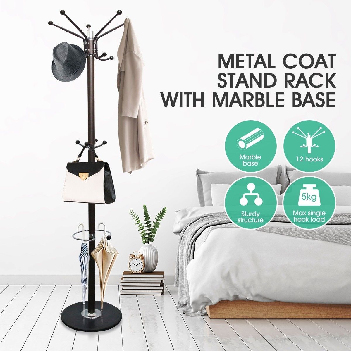 Metal Coat Jacket Stand with Marble Base and Umbrella Hook 3-Tier Style