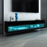 2m Wall Mount TV Cabinet Floating Wood Unit 2 Doors Shelf High Gloss Front Black