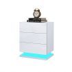 White High Gloss Front Bedside Table Three Drawer Nightstand with RGB LED