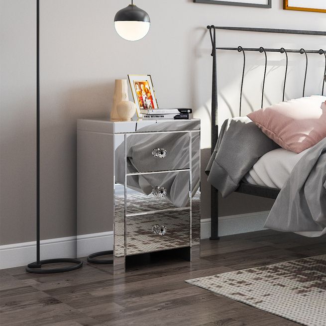 Mirrored Bedside Table 3 Drawers, Mirror Side Table Bedroom