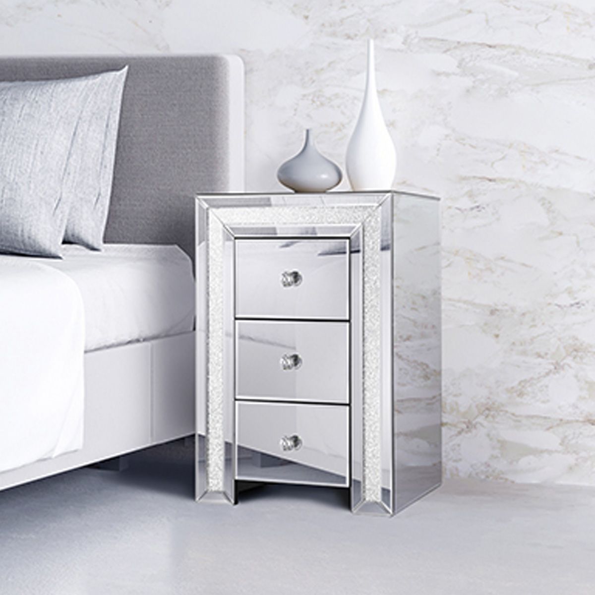 Bedside Table Cabinet Sparkly Crystal Mirror Nightstand Chest with 3 Drawers