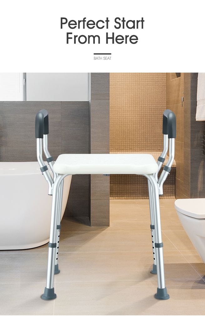 Adjustable Shower Chair Seat Bath Stool with Padded Armrests