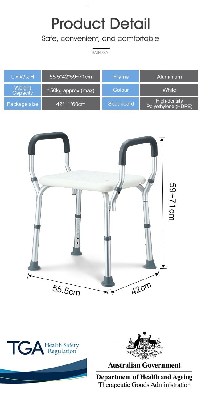 Adjustable Shower Chair Seat Bath Stool with Padded Armrests