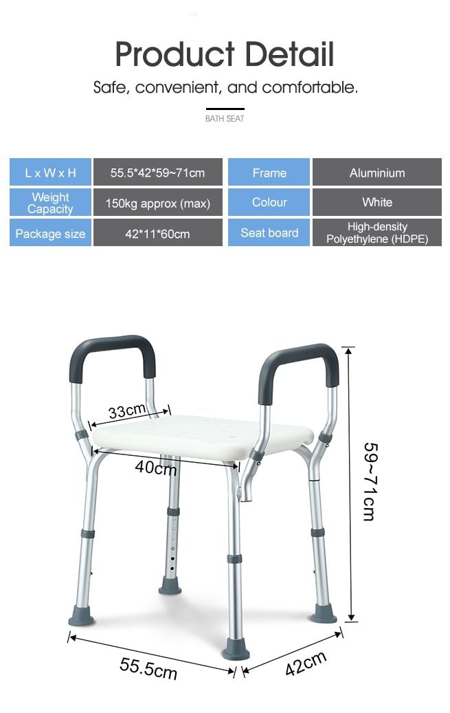 Adjustable Shower Chair Seat Bath Stool with Padded Armrests