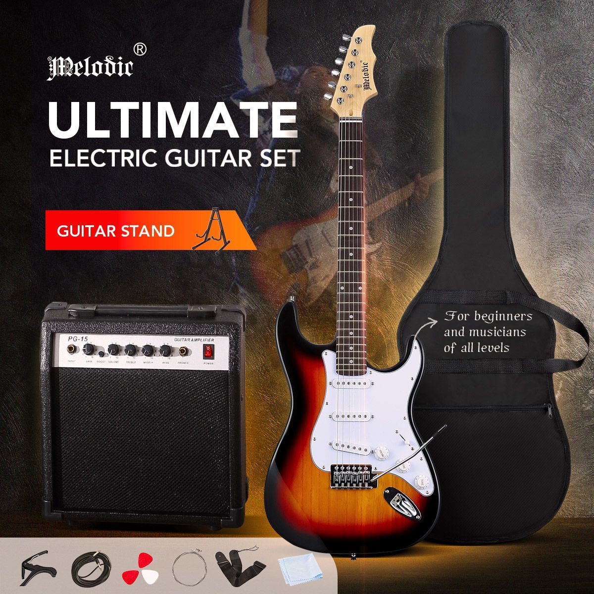 39 Inch Full Size Electric Guitar w/ 25W Rock Amplifier Guitar Stand Beginner Accessory Kit Melodic