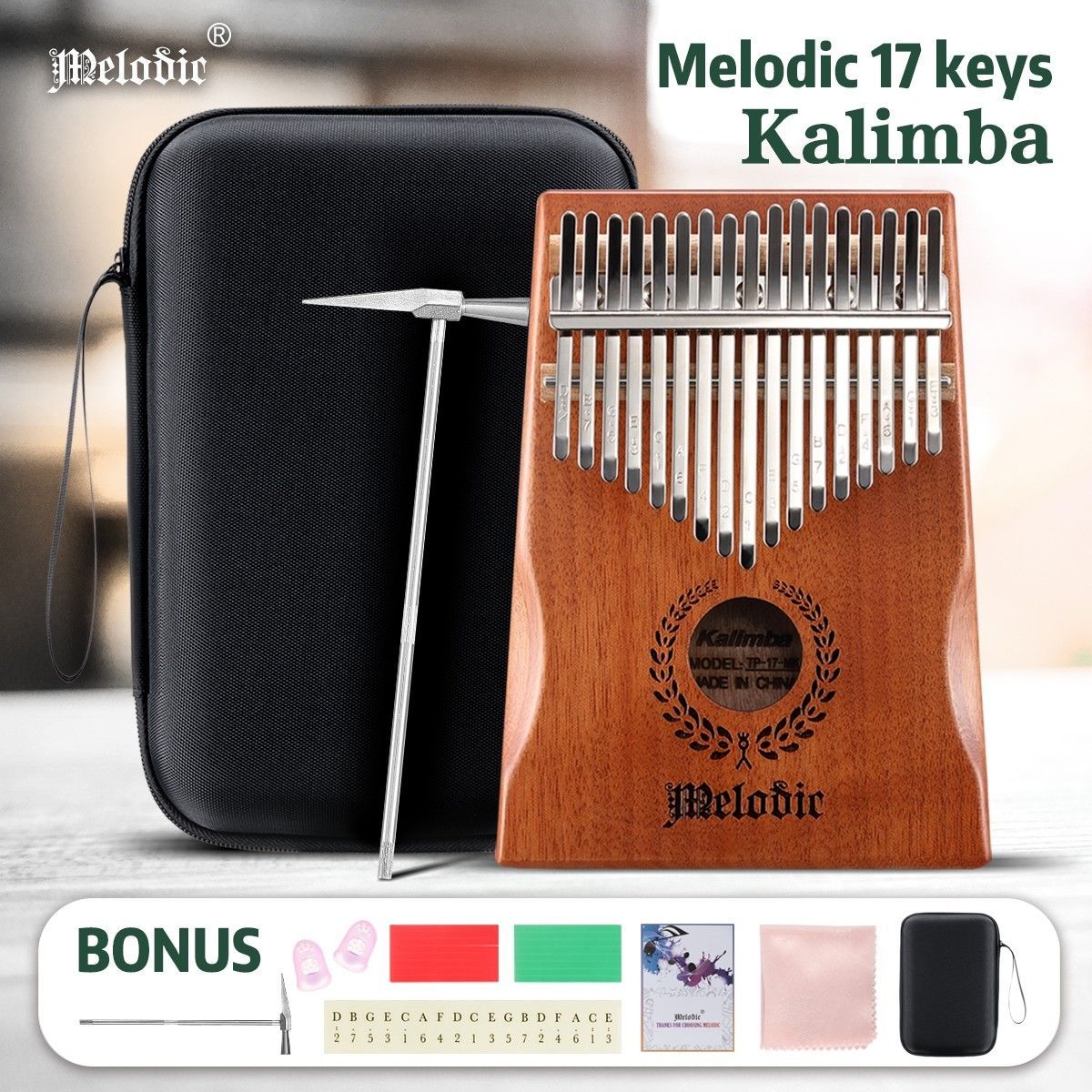 17 Keys Kalimba Mahogany Wood Thumb Piano Finger Percussion w/ Tuning Hammer Melodic