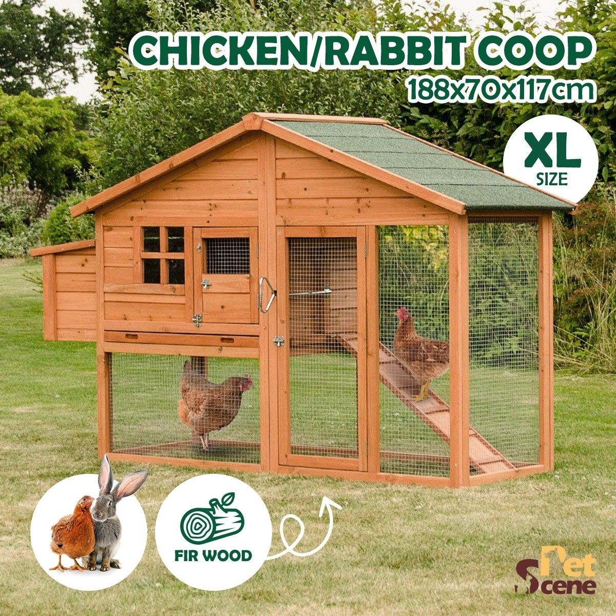 Petscene Wooden Rabbit Hutch Cage XL Guinea Pig Chicken Coop Run House with Nesting Box