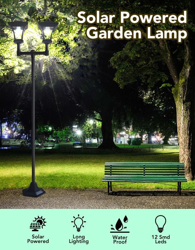 Deluxe Outdoor Solar Lights Garden Lamp Post with Double Lamp