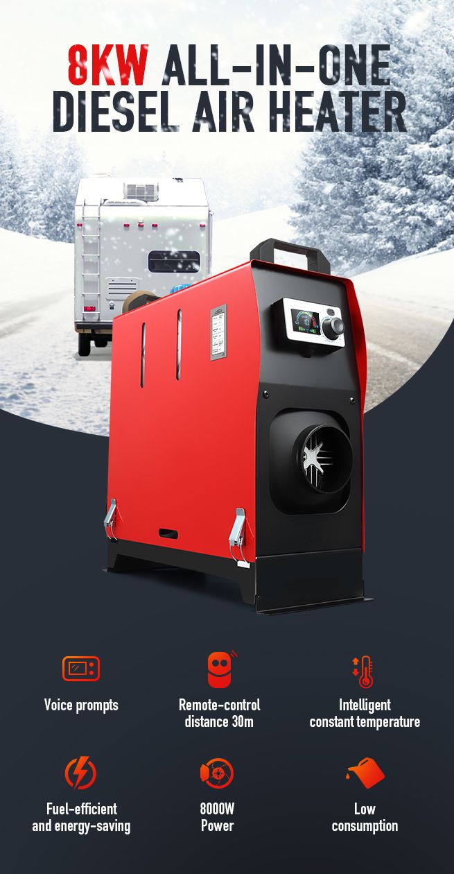 All in One 12V 8kW Diesel Air Heater w LCD Intelligent Voice Remote Control - Black & Red
