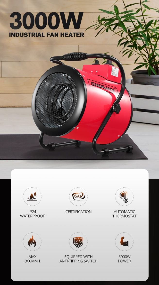 2-in-1 3000W Portable Electric Industrial Fan Heater Free Standing Carpet Dryer SAA Red