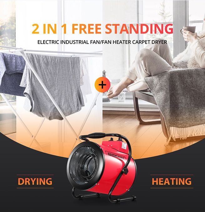 2-in-1 3000W Portable Electric Industrial Fan Heater Free Standing Carpet Dryer SAA Red