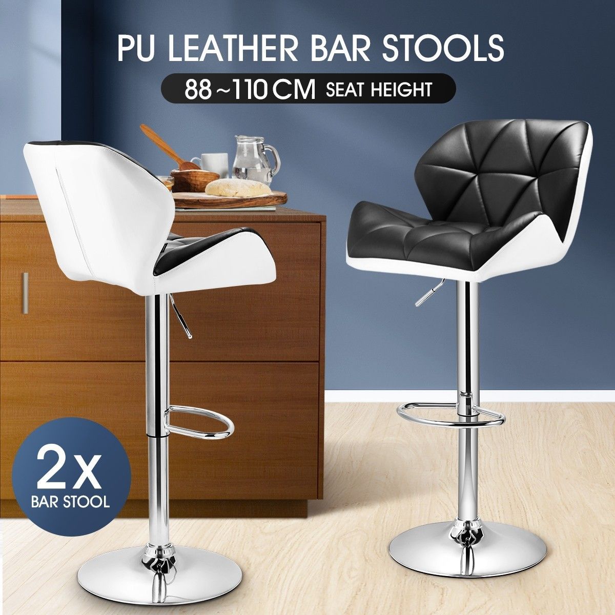 2x Modern PU Leather Bar Stools Cushioned Backrest Swivel Seat Adjustable Height w/ Footrest