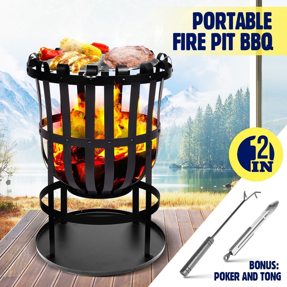 16" Fire Pit BBQ Grill Fireplace Outdoor Portable Brazier Camping Patio Heater