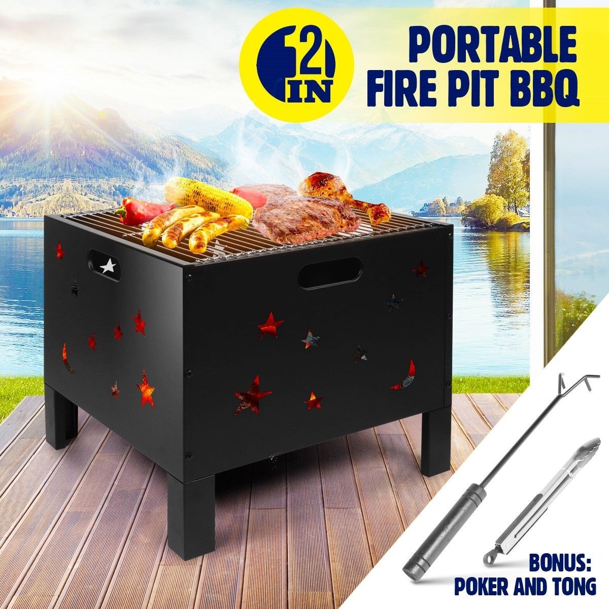 20" Fire Pit BBQ Grill Outdoor Fireplace Brazier Portable Camping Patio Heater