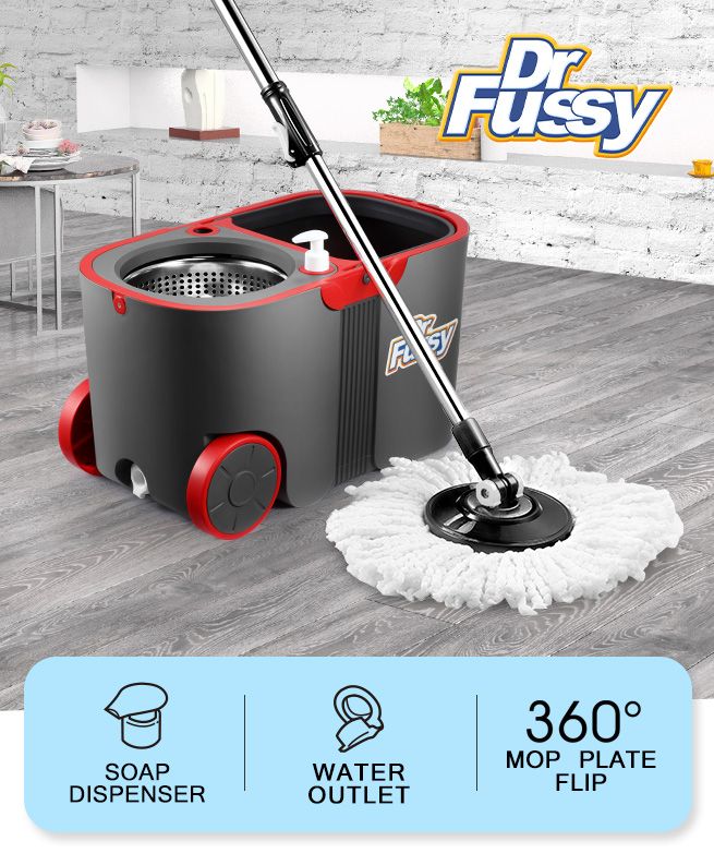 Dr Fussy 360 Degree Spin Rotating Mop and Bucket Set with Wheels and 4 Microfibre Mop Heads