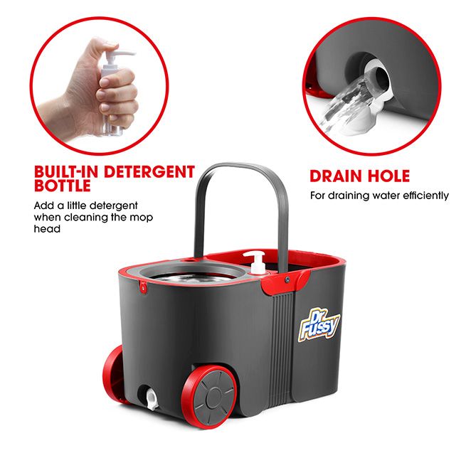 Dr Fussy 360 Degree Spin Rotating Mop and Bucket Set with Wheels and 4 Microfibre Mop Heads