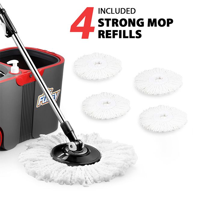 Dr Fussy 360 Degree Spin Rotating Mop and Bucket Set with Wheels and 4 Microfibre Mop Heads