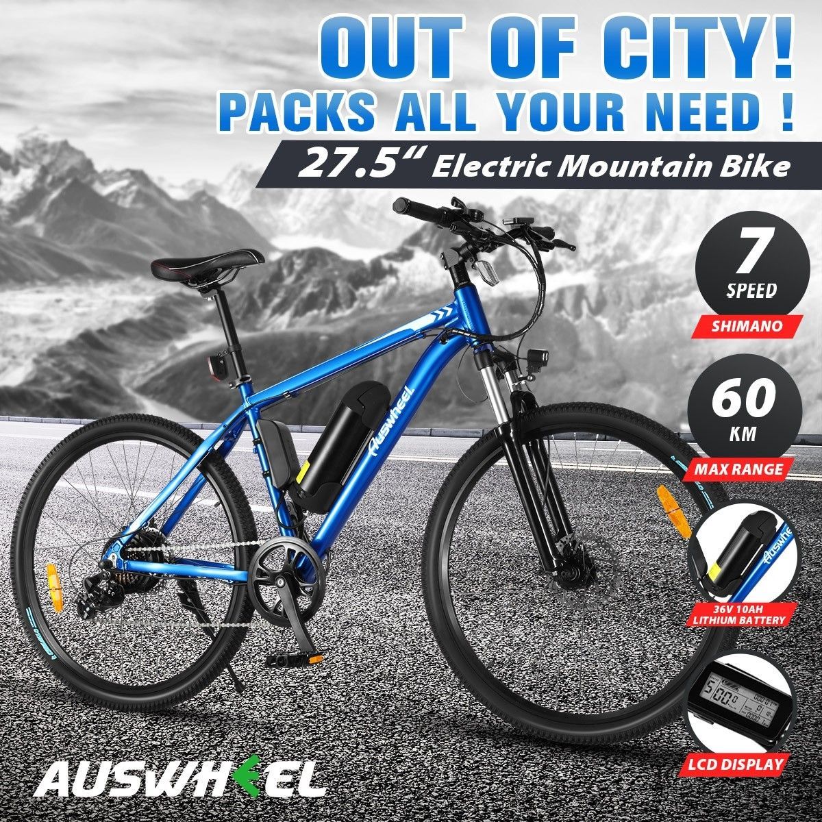 Auswheel 27.5" Electric Bike eBike Mountain Bicycle 36V 250W Brushless Motor 7 Speed Shifter
