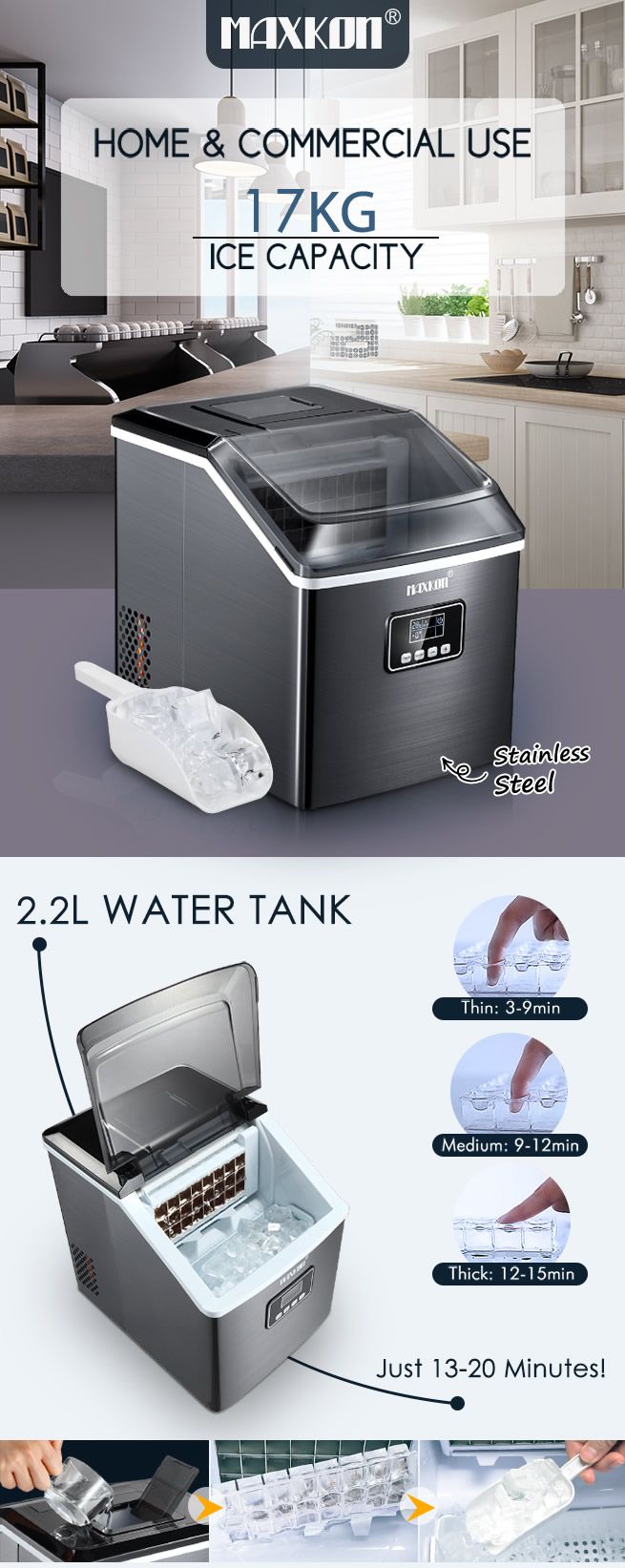Maxkon 17KG Portable Commercial Ice Maker Machine Stainless Steel Fast Freezer Black