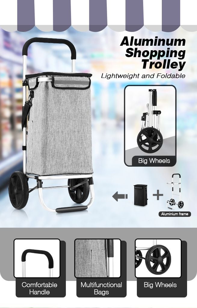 Waterproof Shopping cart Trolley Foldable Aluminium Grocery Bag Grey