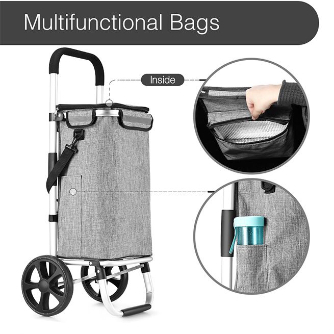Waterproof Shopping cart Trolley Foldable Aluminium Grocery Bag Grey