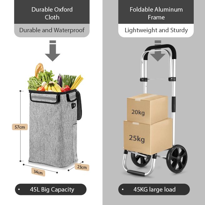 Waterproof Shopping cart Trolley Foldable Aluminium Grocery Bag Grey