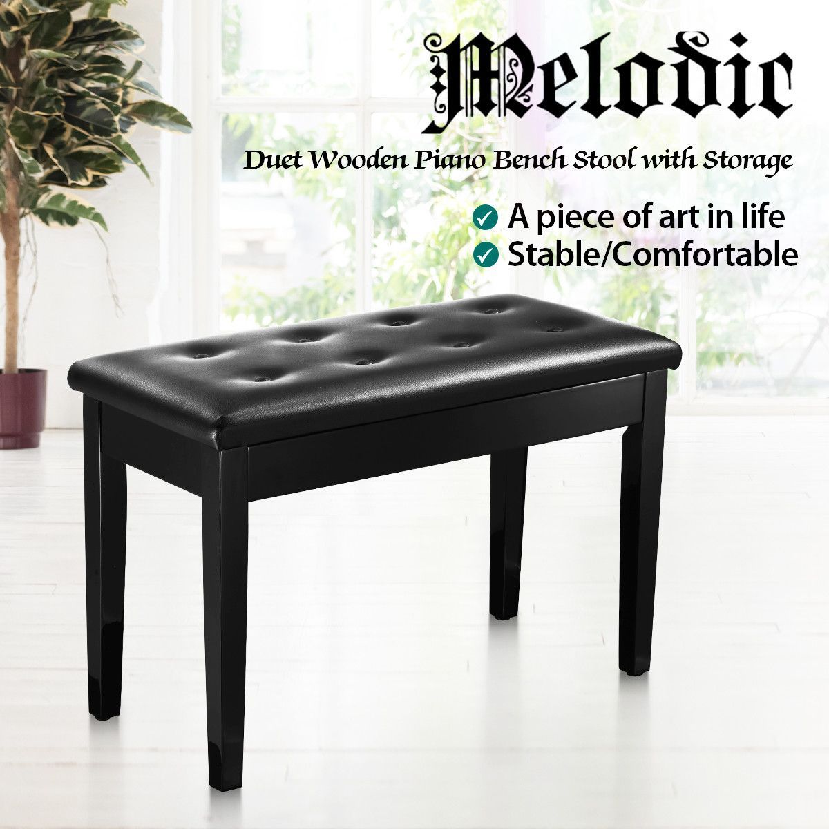 Melodic Wood Duet Piano Bench Keyboard Stool Seat with Storage