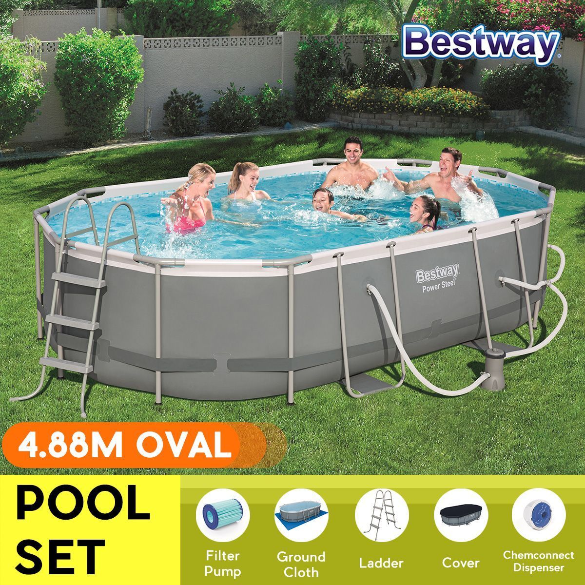 Bestway 4.88x3.05x1.07m Power Steel Frame Above Ground Oval Pool Set