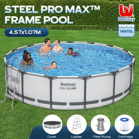 Bestway 4.57M Above Ground Metal Frame Swimming Pool w/Ladder, Cover & Filter Pump