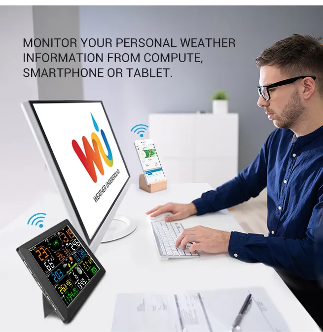 Maxkon WIFI Weather Station Solar Powered for UV Light Temperature Humidity Wind Speed