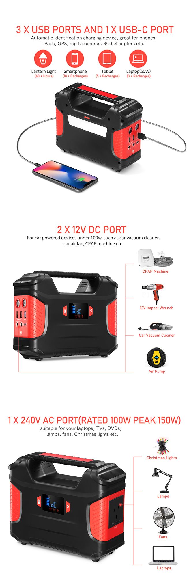 Portable 66900mAh 248WH Power Station 100W Solar Generator Battery