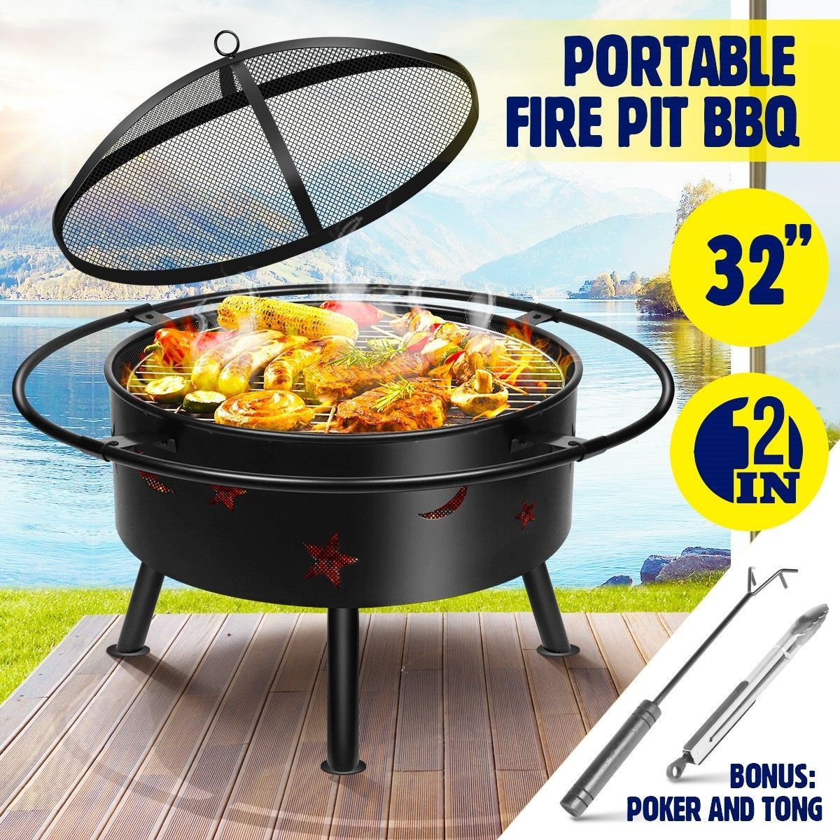 32" 2-in-1 Fire Pit BBQ Grill Outdoor Fireplace Brazier Portable Camping Patio Heater